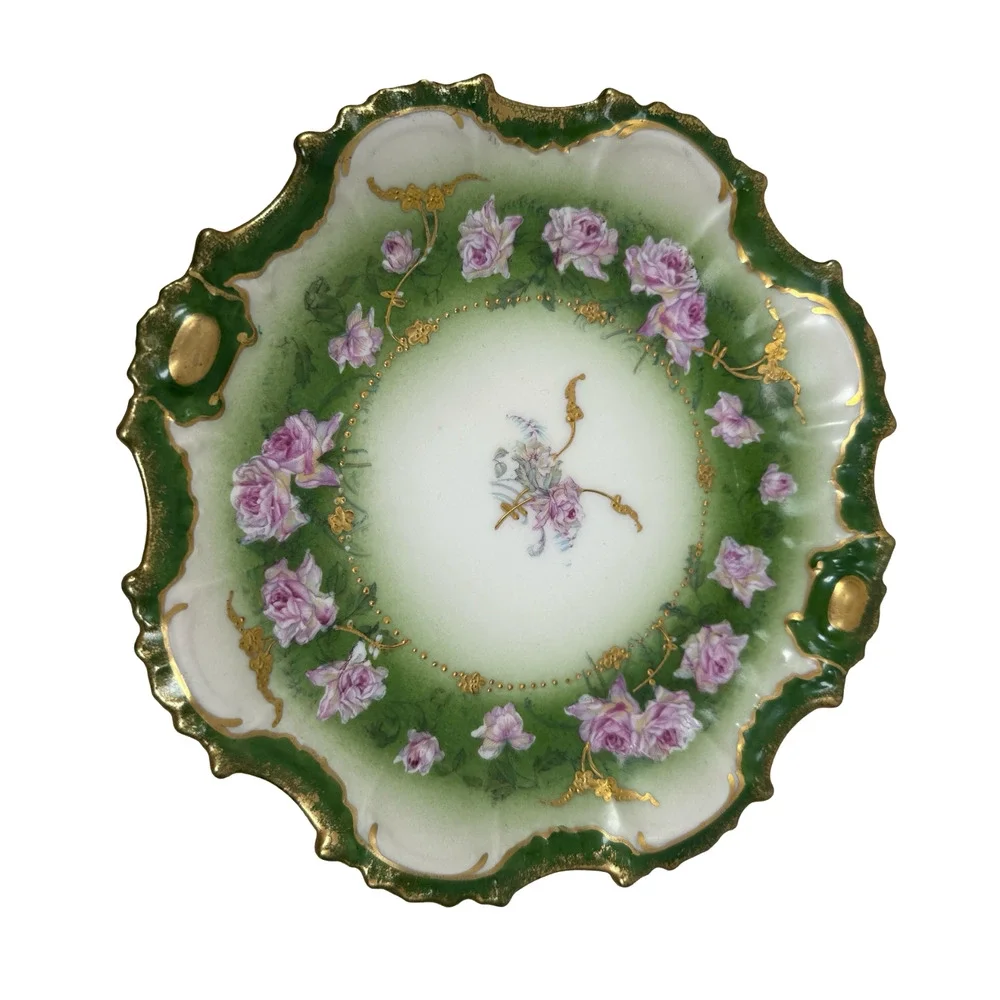 Vintage Limoges Art Nouveau LS&S Straus Salad Plates Roses Green Gold Lot‎ of 4